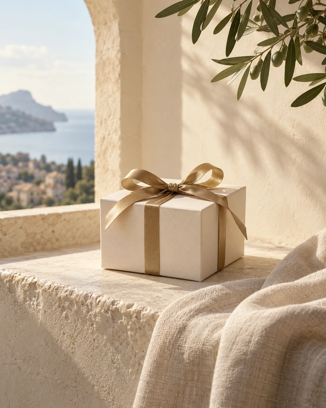 Ivory gift box with antique-gold ribbon, linen and olive branches in warm Sicilian light