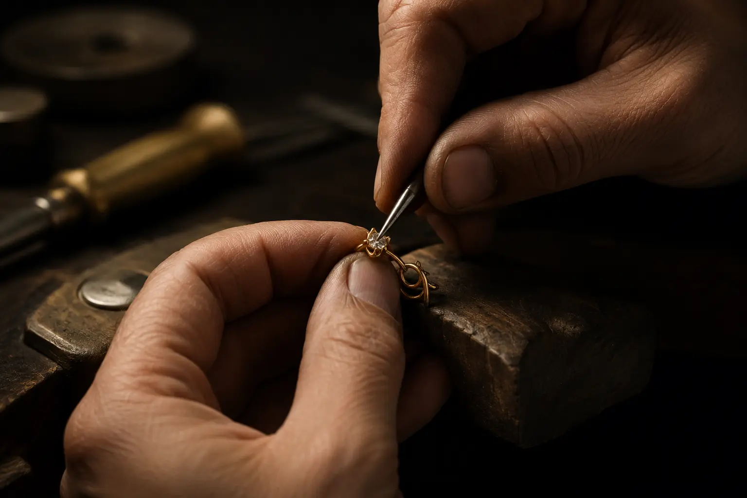 An artisan setting a small stone into a gold jewelry piece by hand