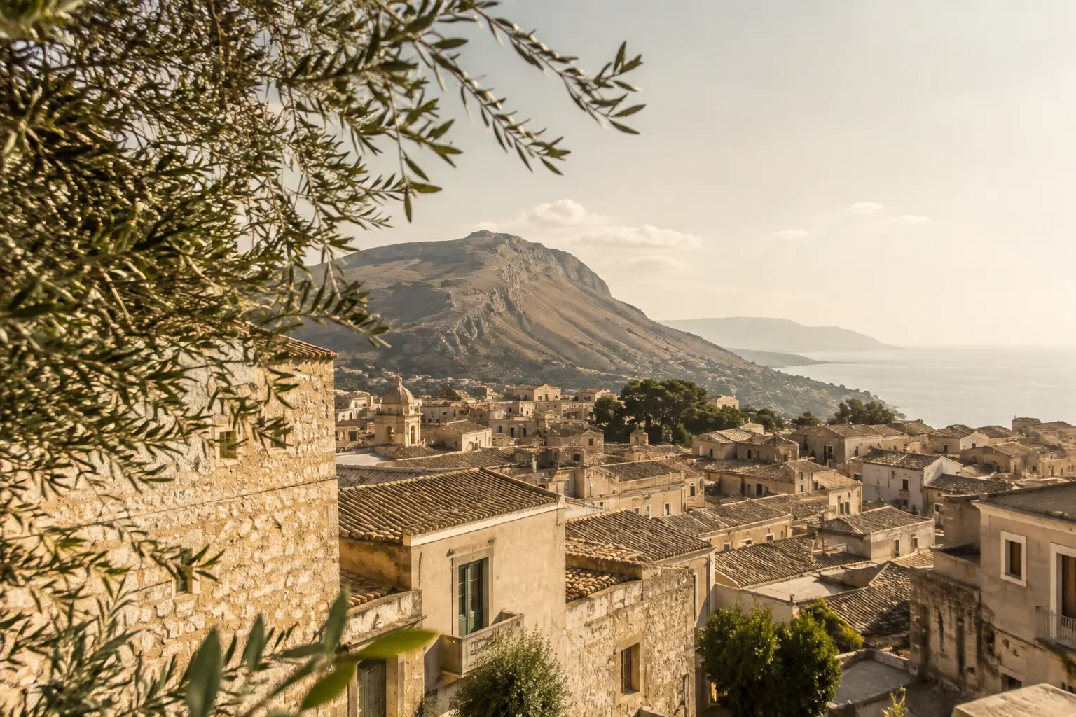 A Sicilian hill town framed by olive branches in warm morning light